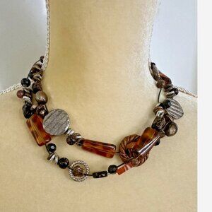 CHICOS Tortoise Silver Bead Double Strand Necklace Choker